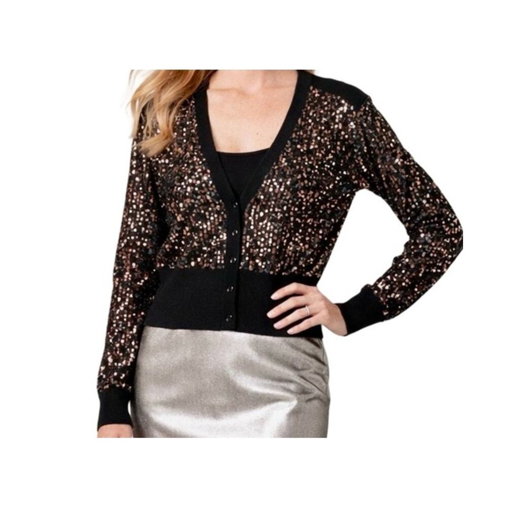 GUESS Sweater Womens Size XL Black Sequins Long Sleeve Button Up V-Neck Sparkly